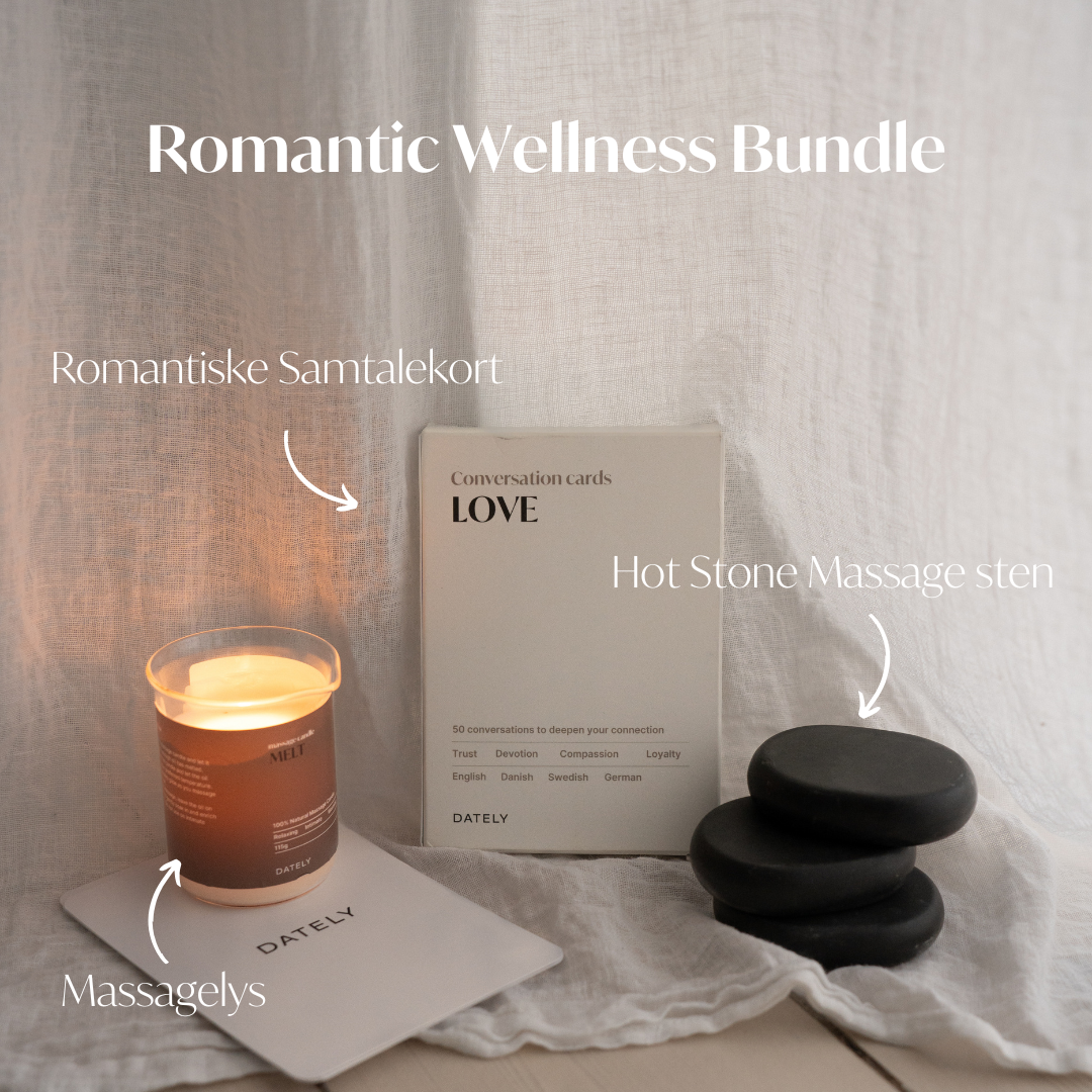 Romantic Wellness Bundle: Samtalekort Love + Massagelys + Hot Stone Massage Sten